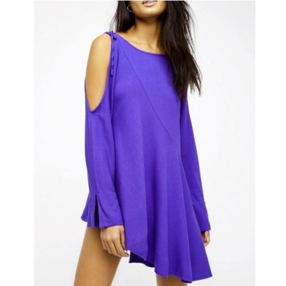 NWT Free People Violet Purple‎ Cold-Shoulder Asymmetrical Mini Swing Dress- M
